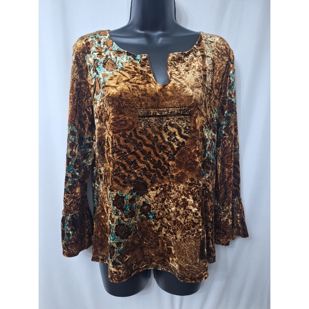 Vintage 90s y2k Velvet Bell Sleeve Top Size M Brown Floral Boho Hippie Western